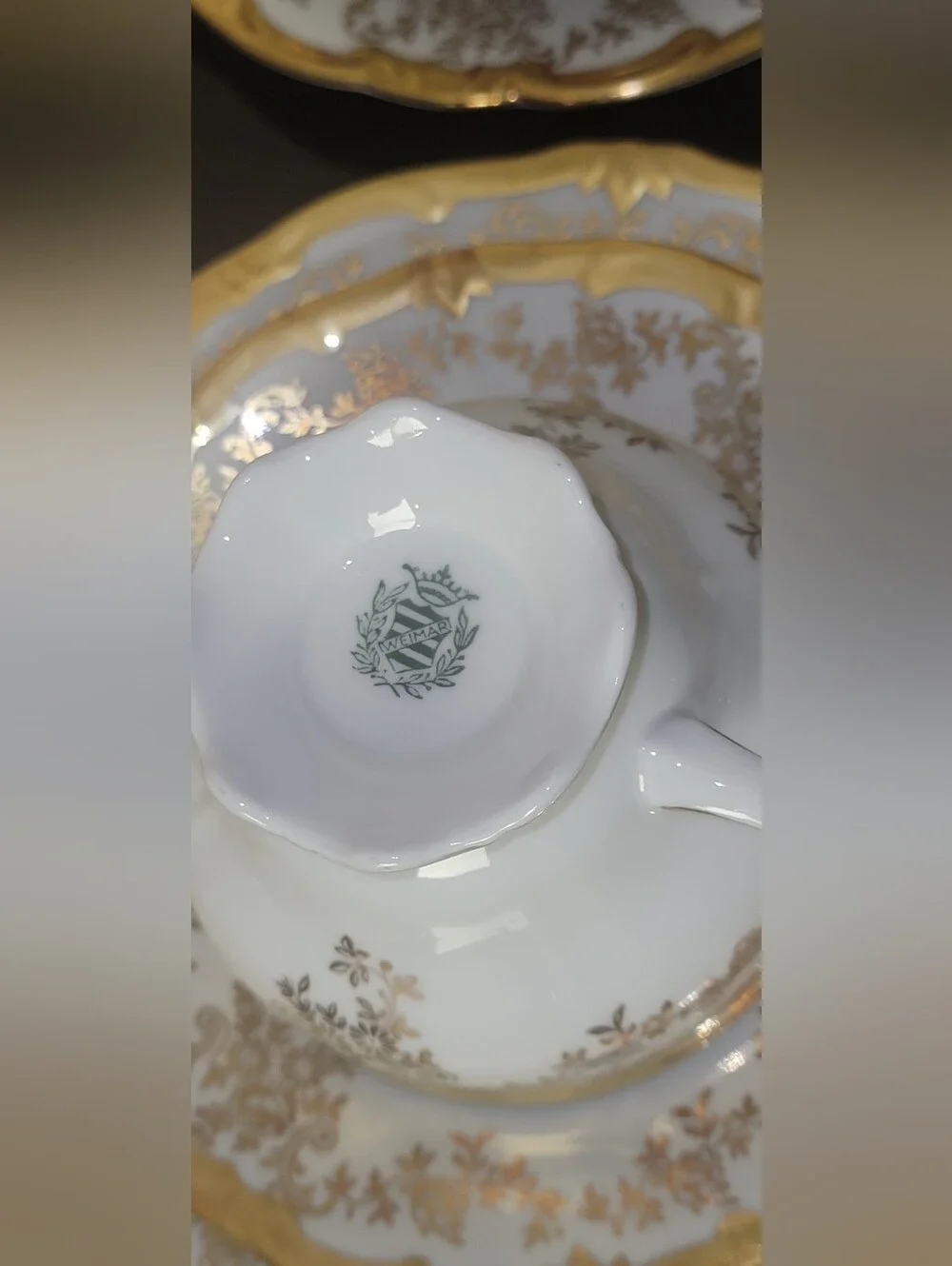 VINTAGE WEIMAR White and Gold Porcelain Teacup and Saucer Set 20 PIECES